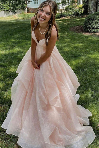 Shiny V Neck Backless Pink Tulle Long Prom Dress, Backless Pink Formal Dress, Pink Tulle Evening Dress A1463