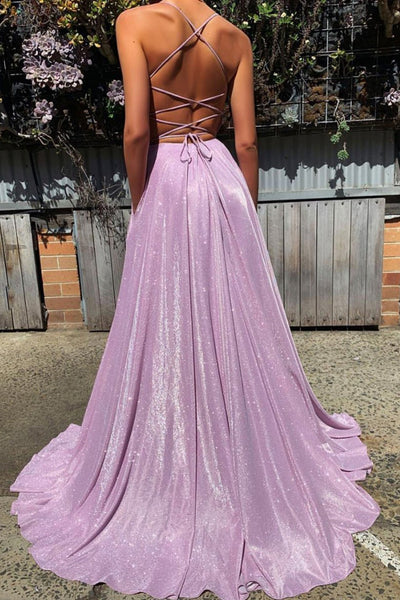 Shiny V Neck Backless Purple Long Prom Dress, Open Back Purple Formal Dress, Sparkly Purple Evening Dress
