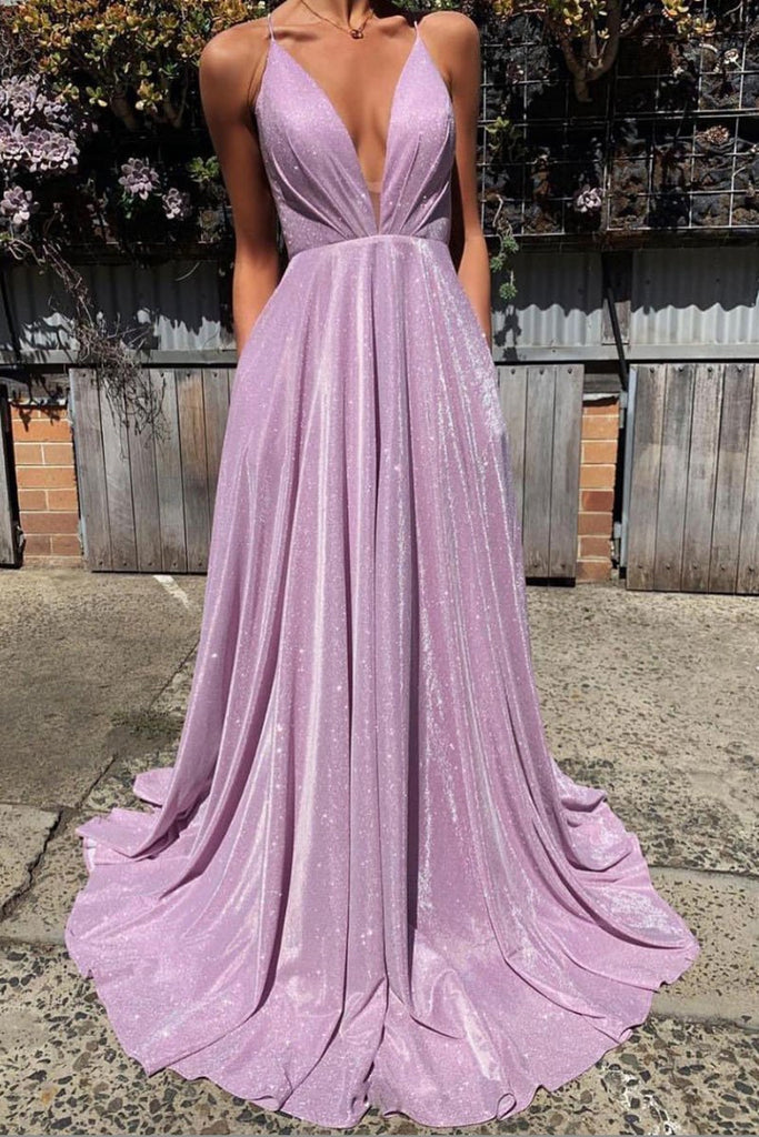 Shiny V Neck Backless Purple Long Prom Dress, Open Back Purple Formal Dress, Sparkly Purple Evening Dress