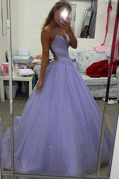 Shiny V Neck Backless Purple Tulle Long Prom Dress with Pocket, Backless Purple Formal Graduation Evening Dress A1615