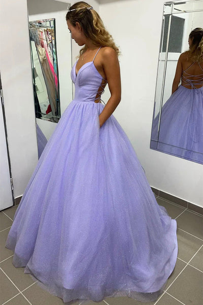 Shiny V Neck Backless Purple Tulle Long Prom Dress with Pocket, Backless Purple Formal Graduation Evening Dress A1615