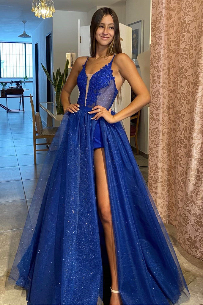 Shiny V Neck Blue Lace Long Prom Dress with High Slit, Blue Lace Forma –  abcprom