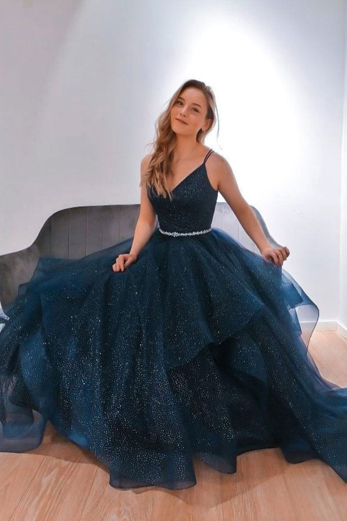 Shiny V Neck Dark Blue Long Prom Dress with Belt, Fluffy Blue Formal E abcprom Shiny V Neck Dark Blue Long Prom Dress with Belt, Fluffy Blue Formal E abcprom