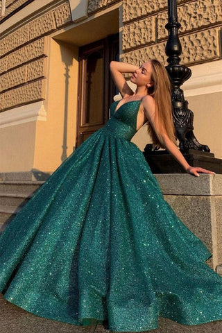 Shiny V Neck Dark Green Long Prom Dress, Sparkly Dark Green Formal Graduation Evening Dress A1442