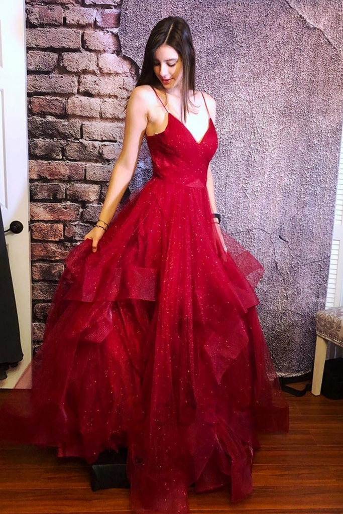 Shiny V Neck Fluffy Burgundy Long Prom Dress, Burgundy Formal Dress, Sparkly Burgundy Evening Dress