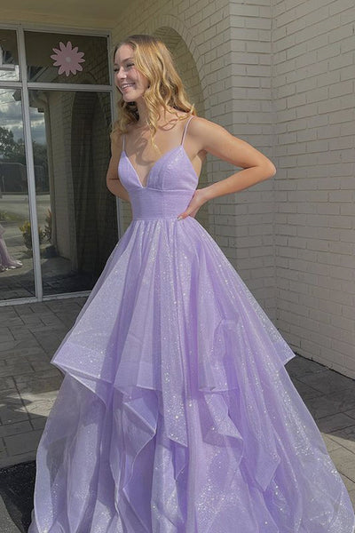 Shiny V Neck Fluffy Purple long Prom Dress, Long Purple Formal Evening Dress