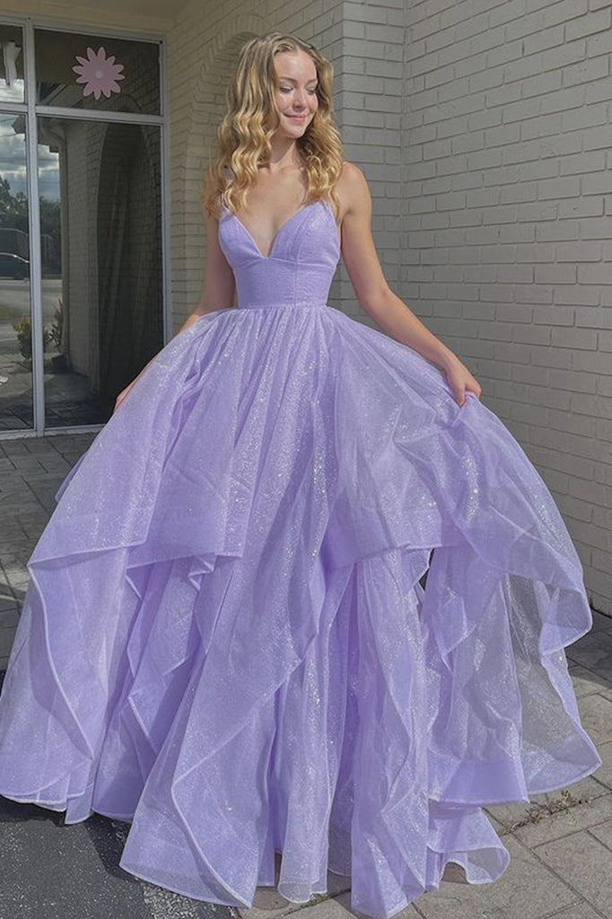 Shiny V Neck Fluffy Purple long Prom Dress, Long Purple Formal Evening Dress