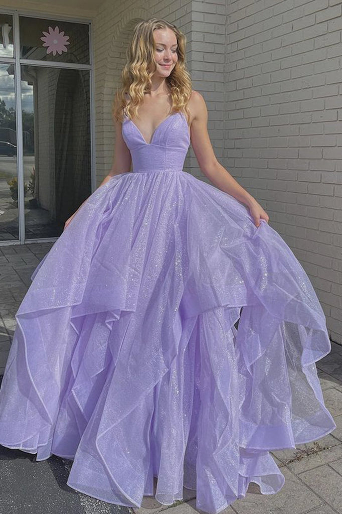Shiny V Neck Fluffy Purple long Prom Dress, Long Purple Formal Evening abcprom Shiny V Neck Fluffy Purple long Prom Dress, Long Purple Formal Evening abcprom