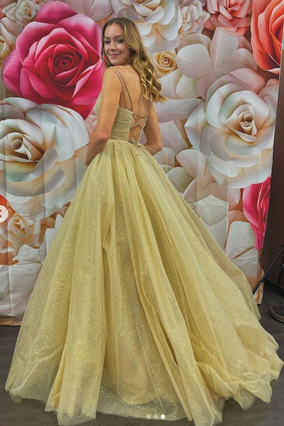 Shiny V Neck Golden Sequins Long Prom Dress, V Neck Golden Formal Dress, Sparkly Golden Evening Dress