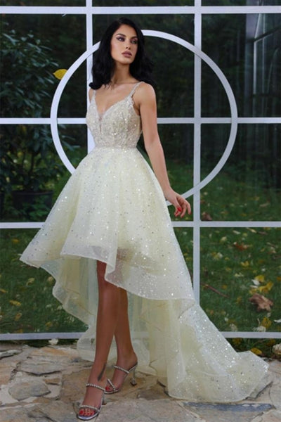 Shiny V Neck High Low Yellow Tulle Long Prom Dress, High Low Yellow Formal Graduation Evening Dress A1714
