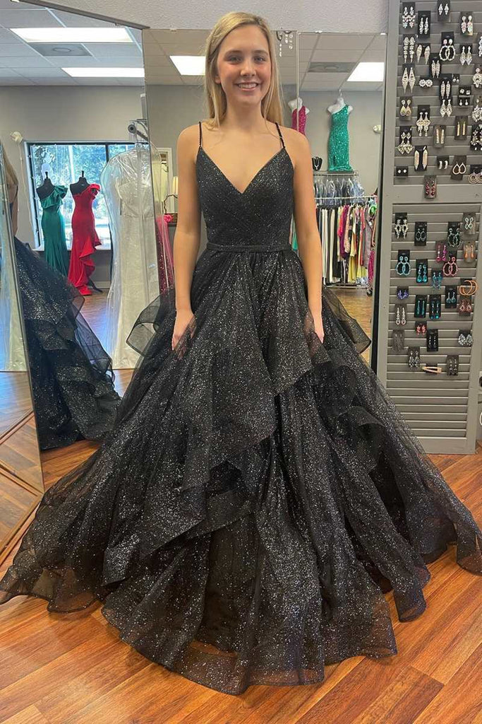 Shiny V Neck Layered Black Tulle Long Prom Dress, Black Formal