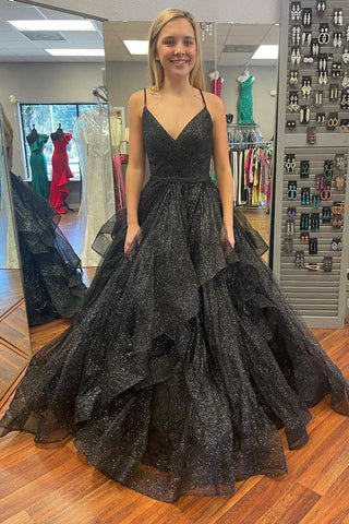 Shiny V Neck Layered Black Tulle Long Prom Dress, Black Formal Evening Dress, Ball Gown A1787