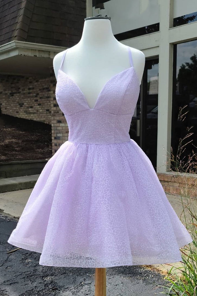 Shiny V Neck Lilac Short Prom Dresses, Purple Homecoming Dresses, V Neck Lilac Formal Evening Dresses A1273