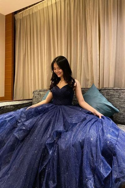 Shiny V Neck Navy Blue Tulle Long Prom Dresses, Navy Blue Formal Evening Dresses Long, Ball Gown A1869