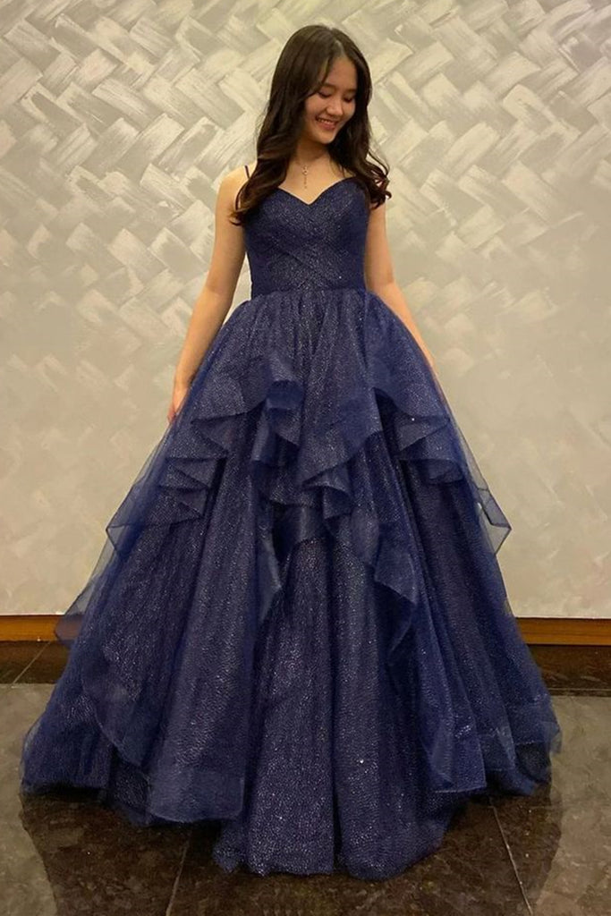 Shiny V Neck Navy Blue Tulle Long Prom Dresses, Navy Blue Formal Eveni abcprom Shiny V Neck Navy Blue Tulle Long Prom Dresses, Navy Blue Formal Eveni abcprom
