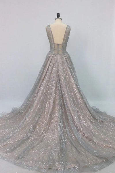 Shiny V Neck Open Back Champagne Long Prom Dresses, Champagne Formal Graduation Evening Dresses A1864