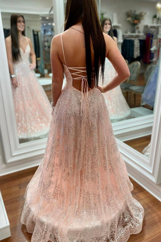Shiny V Neck Open Back Pink Lace Long Prom Dress, Pink Lace Formal Gra abcprom Shiny V Neck Open Back Pink Lace Long Prom Dress, Pink Lace Formal Gra abcprom