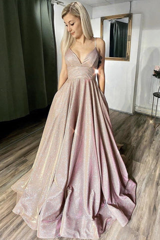 Shiny V Neck Open Back Pink Long Prom Dress, V Neck Pink Formal Dress, Pink Evening Dress