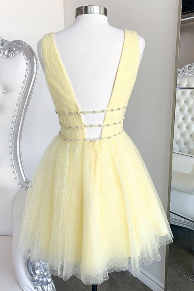 Shiny V Neck Open Back Yellow Tulle Short Prom Dress, V Neck Yellow Fo abcprom Shiny V Neck Open Back Yellow Tulle Short Prom Dress, V Neck Yellow Fo abcprom