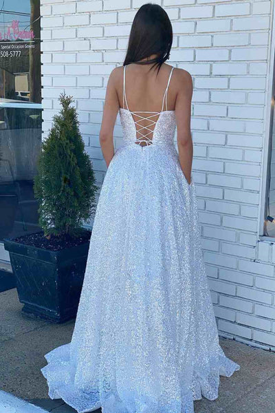 Shiny White Sequins Open Back Long Prom Dress with Pocket, Backless White Formal Graduation Evening Dress A1526