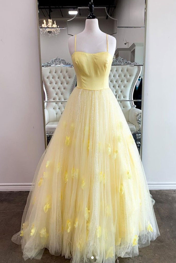 Shiny Yellow Tulle Sequins Long Prom Dress with Thin Straps, Yellow Long Formal Evening Dress
