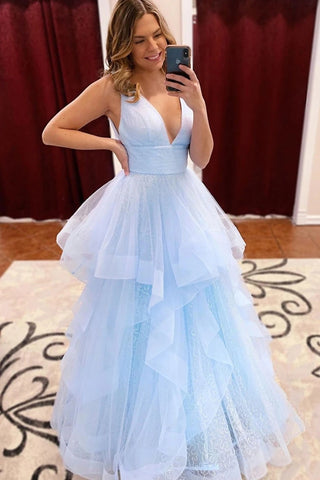 Shiny Light Blue V Neck Sequins Tulle Long Prom Dress, Pleated Light Blue V Neck Formal Graduation Evening Dress