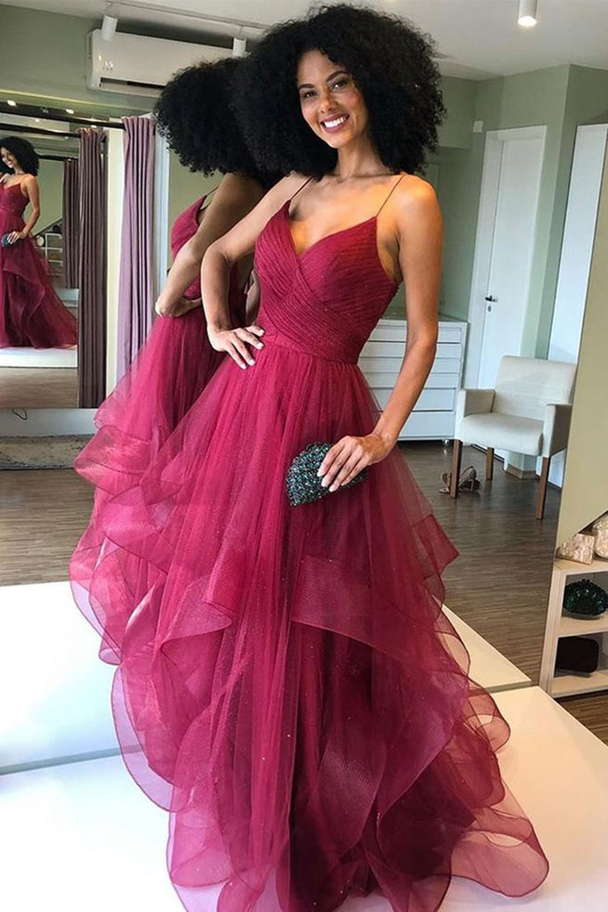 Shiny V Neck Backless Burgundy Prom Dress Backless Maroon Formal Evening Dress Fluffy Burgundy Ball Gown