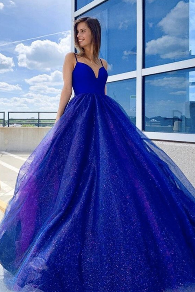 Shiny V Neck Blue Prom Dress, Sparkly V Neck Blue Ball Gown, Blue Formal Evening Dress