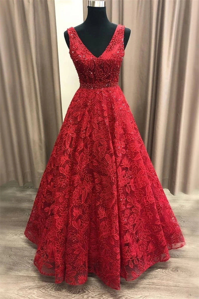 Shiny V Neck Burgundy Lace Long Prom Dress, Burgundy Lace Formal Dress abcprom Shiny V Neck Burgundy Lace Long Prom Dress, Burgundy Lace Formal Dress abcprom