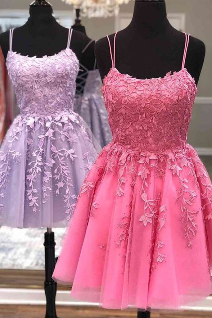 Short A Line Thin Straps Purple/Hot Pink Lace Prom Dress, Purple/Hot Pink Lace Homecoming Dress, Lilac/Hot Pink Short Formal Evening Dress