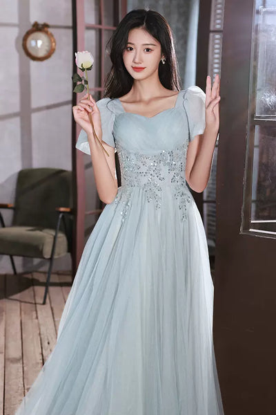 Short Sleeves Beaded Blue Long Prom Dress, Princess Blue Formal Graduation Evening Dress A1830