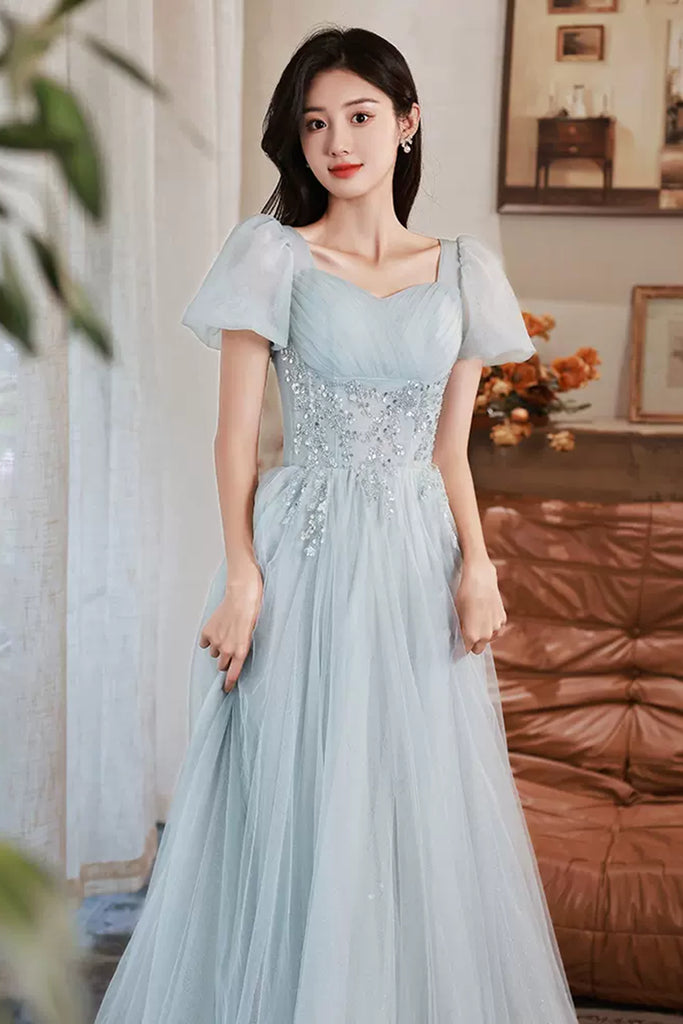 Short Sleeves Beaded Blue Long Prom Dress, Princess Blue Formal Gradua abcprom Short Sleeves Beaded Blue Long Prom Dress, Princess Blue Formal Gradua abcprom