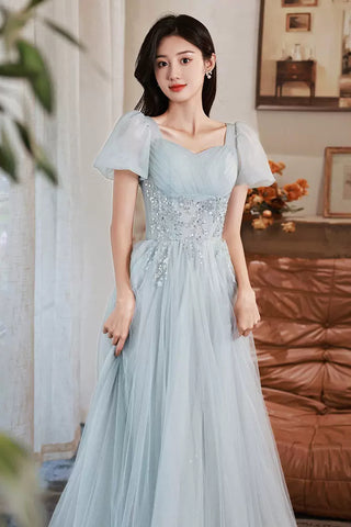 Short Sleeves Beaded Blue Long Prom Dress, Princess Blue Formal Graduation Evening Dress A1830