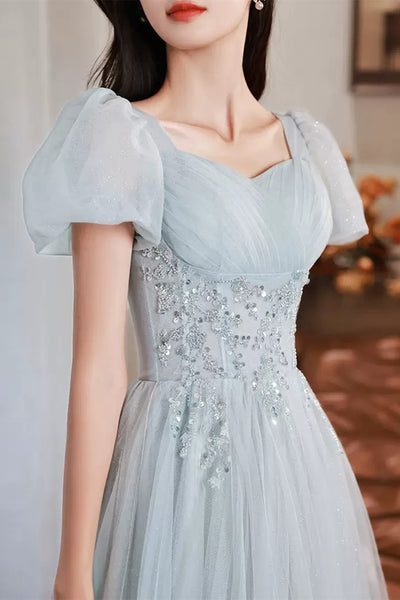 Short Sleeves Beaded Blue Long Prom Dress, Princess Blue Formal Graduation Evening Dress A1830