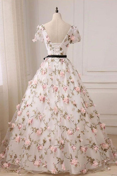 Short Sleeves V Neck Pink 3D Flower White Long Prom Dress, V Neck White Formal Evening Dress with Pink Appliques