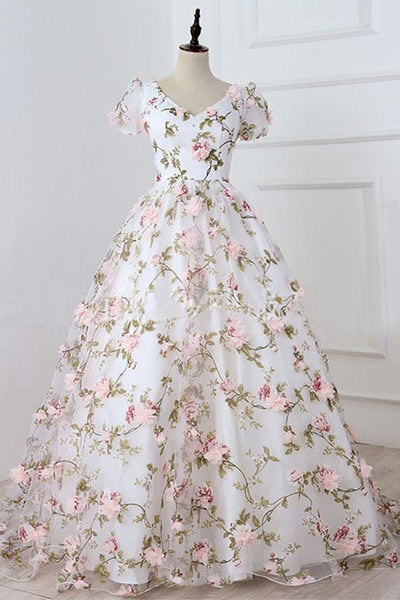 Short Sleeves V Neck Pink 3D Flower White Long Prom Dress, V Neck White Formal Evening Dress with Pink Appliques