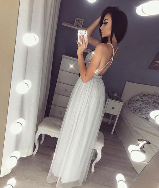 Silver Gray A Line V Neck Backless Tulle Long Prom Dress wtih Leg Slit, Silver Gray Backless Formal Dress, Backless Evening Dress