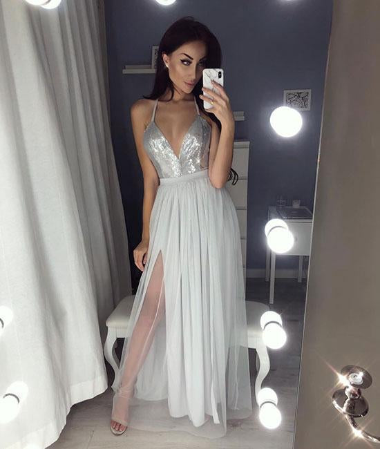 Silver Gray A Line V Neck Backless Tulle Long Prom Dress wtih Leg Slit abcprom Silver Gray A Line V Neck Backless Tulle Long Prom Dress wtih Leg Slit abcprom