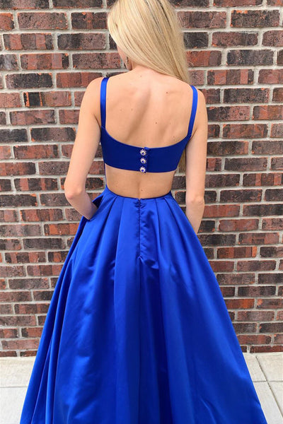 Simple A Line Open Back Royal Blue Satin Long Prom Dress with Pocket, Open Back Long Royal Blue Formal Evening Dress