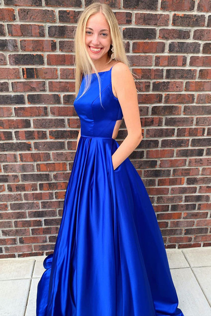 Simple A Line Open Back Royal Blue Satin Long Prom Dress with Pocket, abcprom Simple A Line Open Back Royal Blue Satin Long Prom Dress with Pocket, abcprom