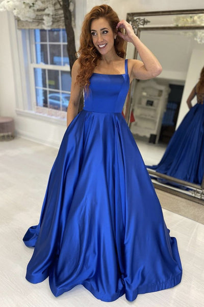 Simple A Line Royal Blue Satin Long Prom Dress, Long Blue Formal Graduation Evening Dress