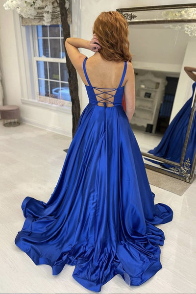 Simple A Line Royal Blue Satin Long Prom Dress, Long Blue Formal Graduation Evening Dress