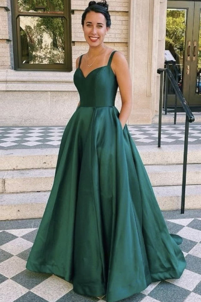 Simple A Line Spaghetti Straps Green Satin Long Prom Dress with Pocket, Green Formal Graduation Evening Dress