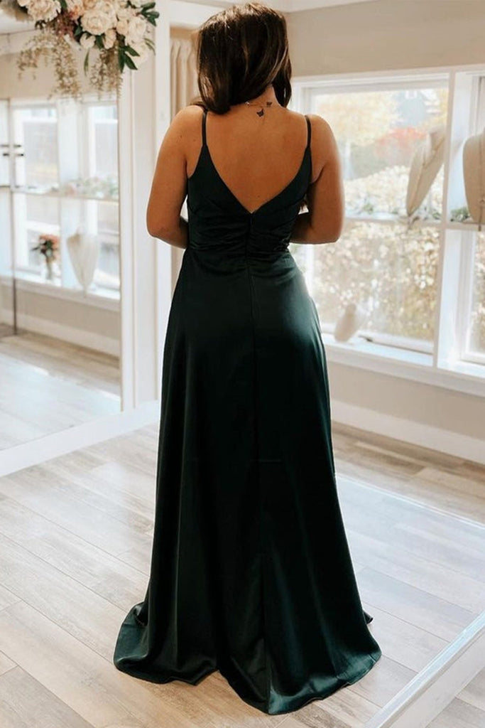 Simple A Line V Neck Dark Green Satin Long Prom Dress with High Slit, abcprom Simple A Line V Neck Dark Green Satin Long Prom Dress with High Slit, abcprom