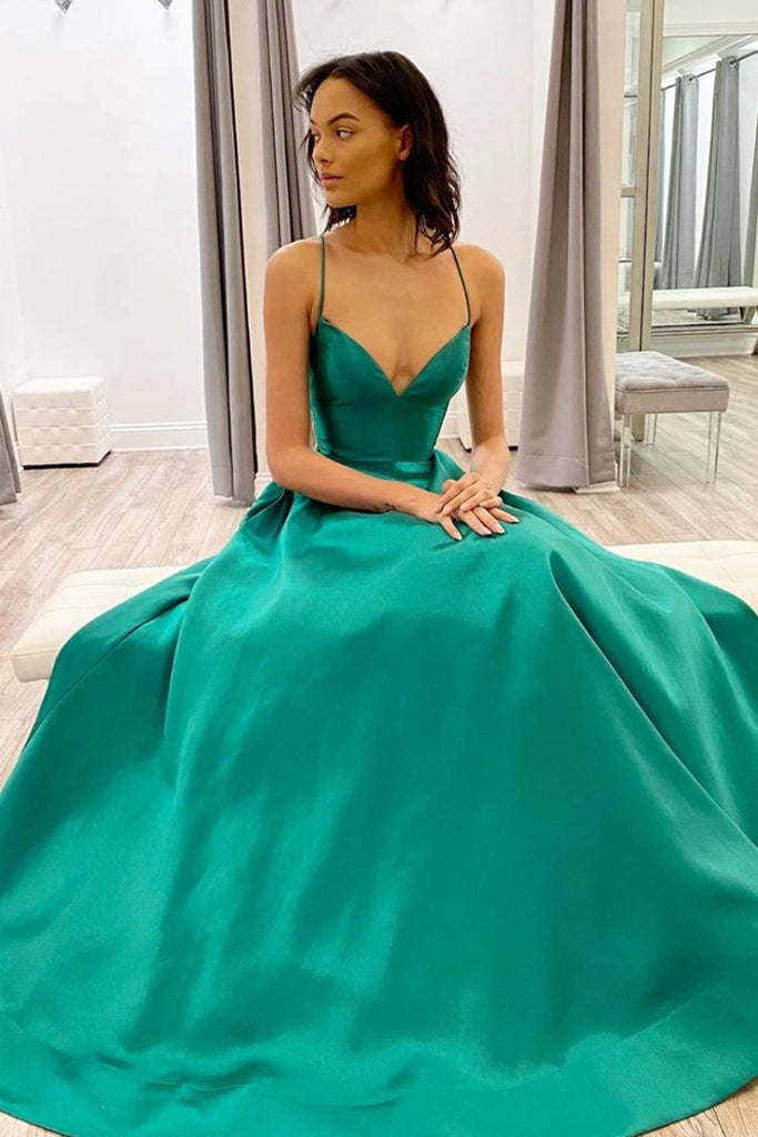 Simple A Line V Neck Green Satin Long Prom Dress, Green Formal Graduat abcprom Simple A Line V Neck Green Satin Long Prom Dress, Green Formal Graduat abcprom