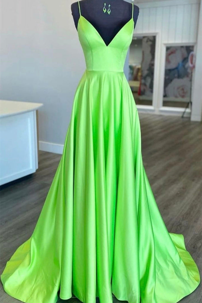 Simple A Line V Neck Green Satin Long Prom Dress, V Neck Green Formal abcprom Simple A Line V Neck Green Satin Long Prom Dress, V Neck Green Formal abcprom