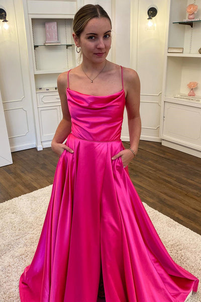 Simple Backless Fuchsia Satin Long Prom Dress with High Slit, Backless Fuchsia Formal Graduation Evening Dress with Pocket A1546