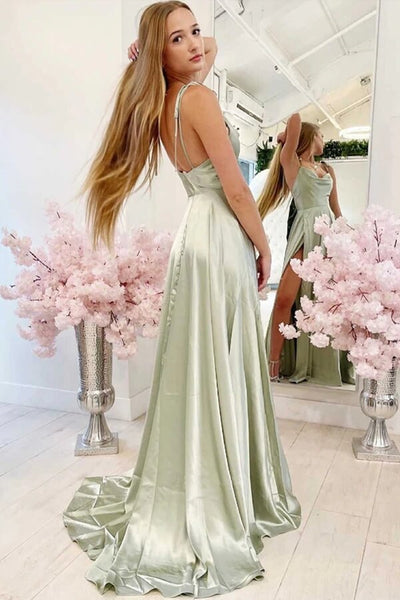 Simple Backless Sage Long Prom Dress with High Slit, Green Formal Graduation Evening Dress A1705