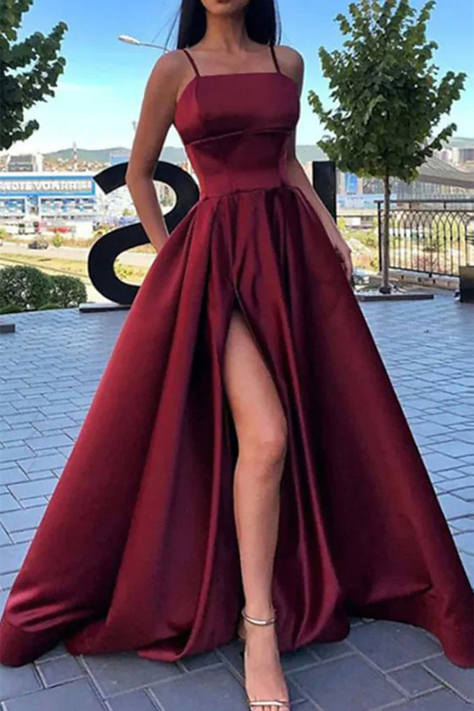 Simple Black/Burgundy/Red Satin Long Prom Dress with High Slit, Black/ abcprom Simple Black/Burgundy/Red Satin Long Prom Dress with High Slit, Black/ abcprom