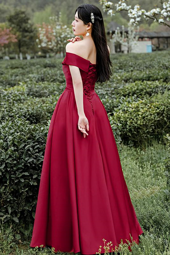 Burgundy Off the Shoulder Maroon Long Pom/Evening Dresses – Pgmdress